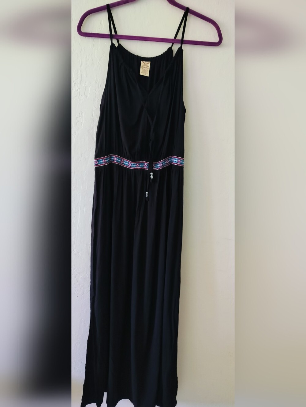 Vintage Y2K Faded Glory Rayon Maxi Dress – Boho Embroidered Waist, Size Medium